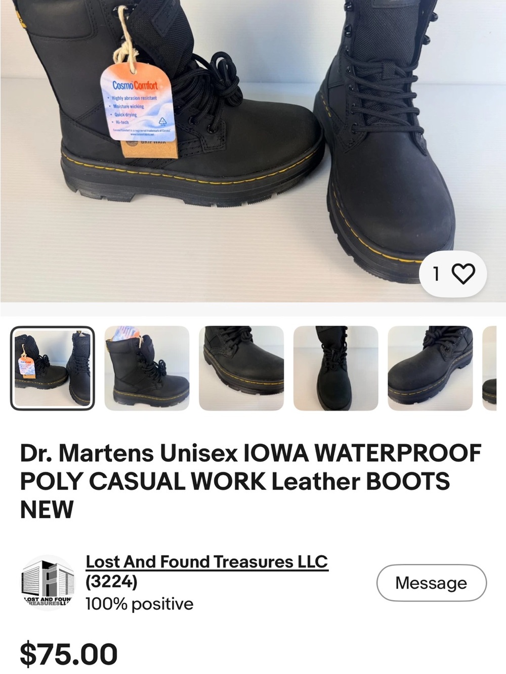 Dr. Martens Black Leather Combat Boots with Yellow Stitching